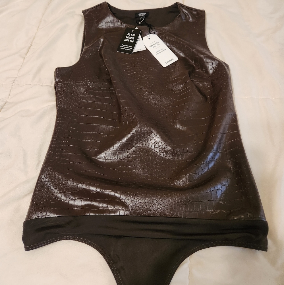 Express brown leather bodysuit NWT